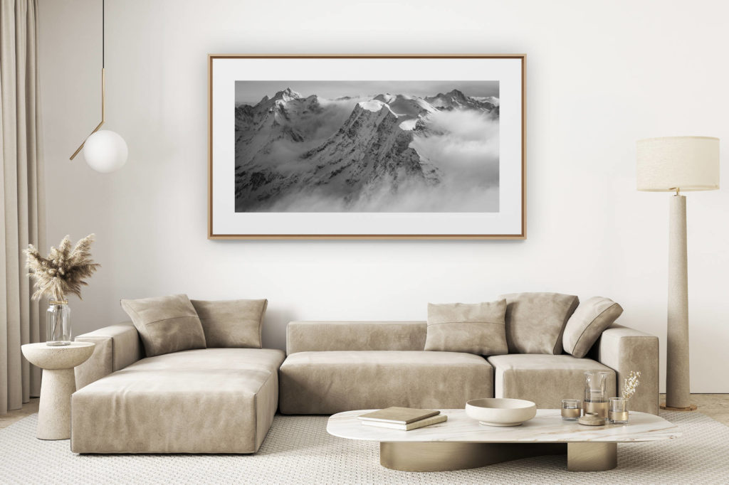décoration salon clair rénové - photo montagne grand format - alpes bernoises panorama : photo panoramique noir et blanc des montagnes suisses