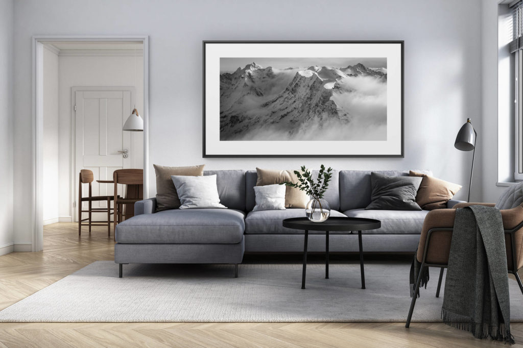 décoration intérieur salon rénové suisse - photo alpes panoramique grand format - alpes bernoises panorama : photo panoramique noir et blanc des montagnes suisses