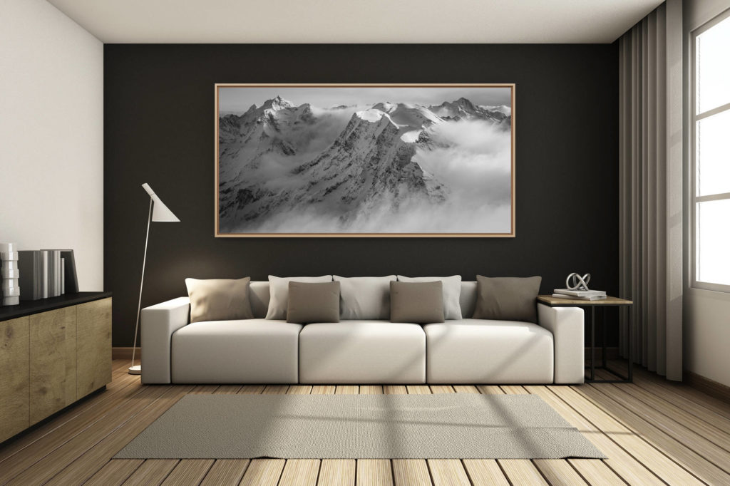déco salon chalet rénové de montagne - photo montagne grand format -  - alpes bernoises panorama : photo panoramique noir et blanc des montagnes suisses