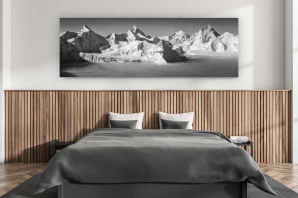 modern adult bedroom wall decor - swiss chalet interior - large size swiss alps photo - panoramic swiss alps photo - snowy mountain photo Valley Zermatt - mountain landscape photo - snowy mountain photo -