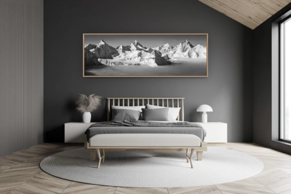 décoration chambre adulte moderne dans petit chalet suisse- photo montagne grand format - photo panoramique des alpes suisse - Photo montagne enneigée Vallée Zermatt - Photo de paysage de montagne - Photo montagne neige -