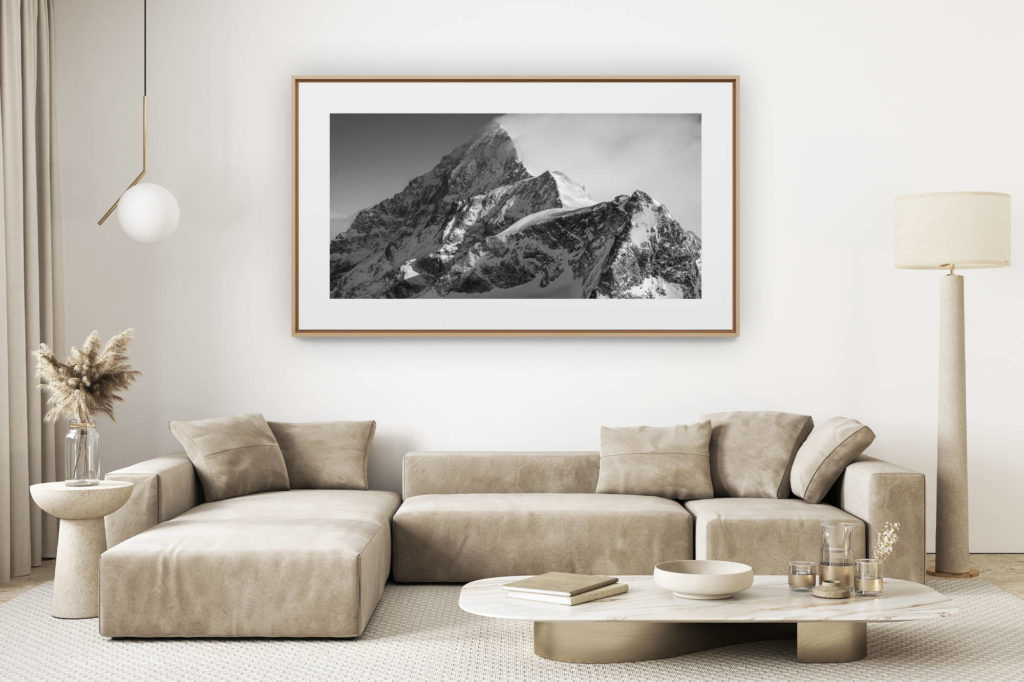 décoration salon clair rénové - photo montagne grand format - Dent Blanche Voie Normale - Sommet montagne et massif montagneux en noir et blanc