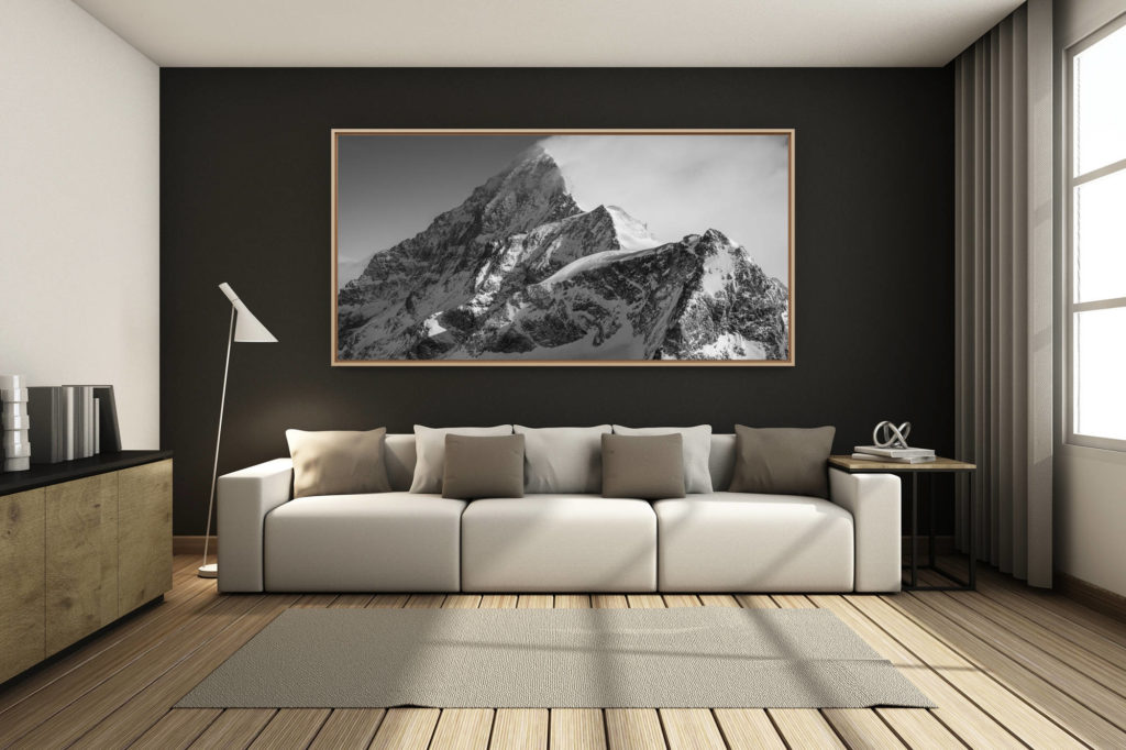 deco salon chalet rénové de montagne - photo montagne grand format - - Dent Blanche Voie Normale - Berggipfel und Bergmassiv in Schwarzweiß