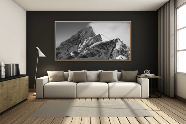 déco salon chalet rénové de montagne - photo montagne grand format -  - Dent Blanche Voie Normale - Sommet montagne et massif montagneux en noir et blanc