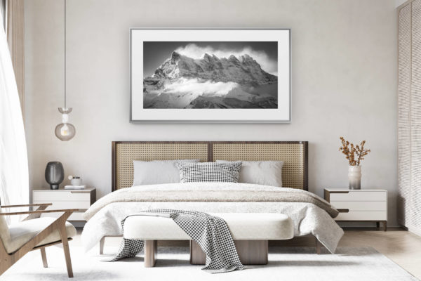 decoration room swiss chalet renovated - panoramic mountain picture large size - black and white panoramic picture of swiss mountains from Dents du Midi