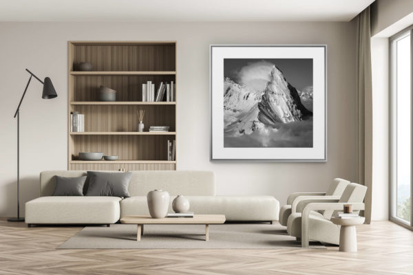 swiss chalet decoration - swiss chalet interior - big mountain pictures - snowy mountains pictures fromEiger - Mittellegi in the clouds in black and white