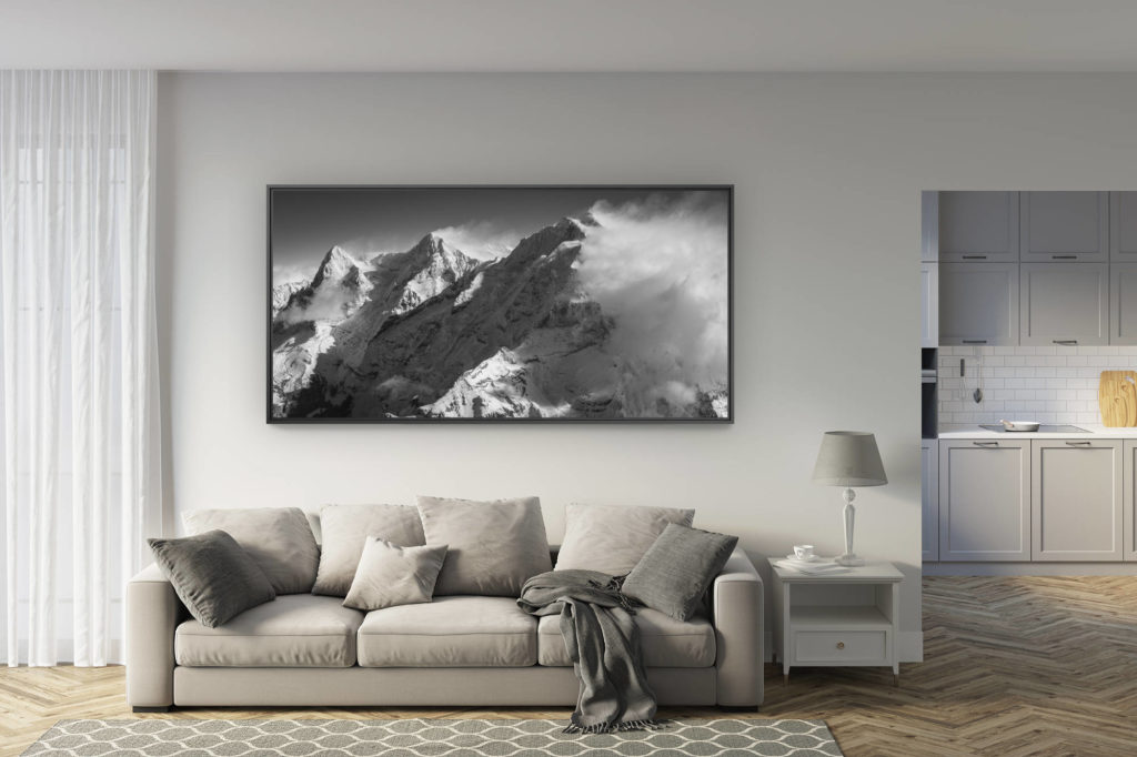 déco salon rénové - tendance photo montagne grand format - image eiger monch jungfrau - montagne noir et blanc - sommets grindelwald