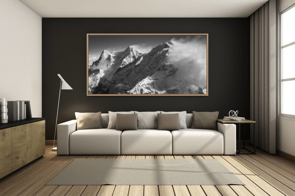 déco salon chalet rénové de montagne - photo montagne grand format -  - image eiger monch jungfrau - montagne noir et blanc - sommets grindelwald