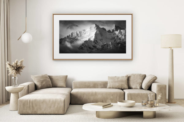 décoration salon clair rénové - photo montagne grand format - Image montagne Val de bagnes suisse -