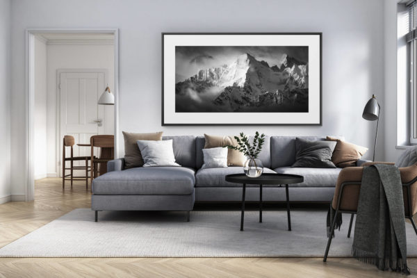 décoration intérieur salon rénové suisse - photo alpes panoramique grand format - Image montagne Val de bagnes suisse -