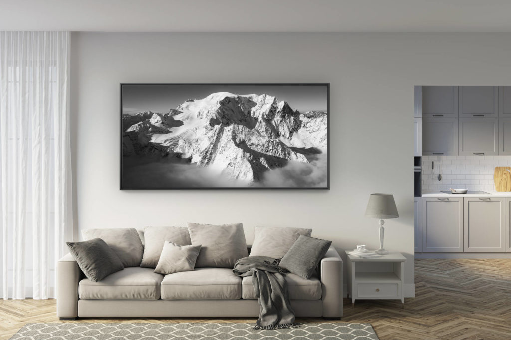 déco salon rénové - tendance photo montagne grand format - photo panoramique mont vélan - photo val de bagnes verbier - paysage de montagne noir et blanc suisse