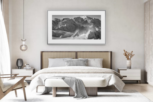 decorating a room in a renovated Swiss chalet - panoramic mountain photo large size - panoramic photo massif mont blanc black and white