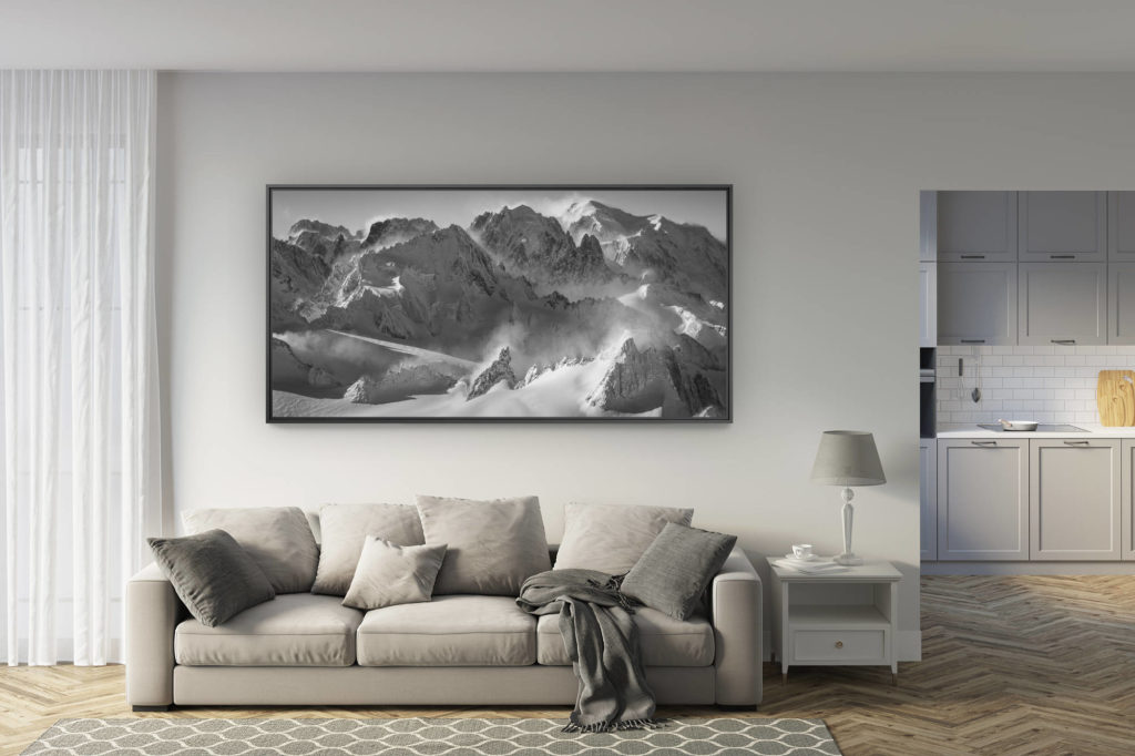déco salon rénové - tendance photo montagne grand format - photo panorama massif mont blanc noir et blanc