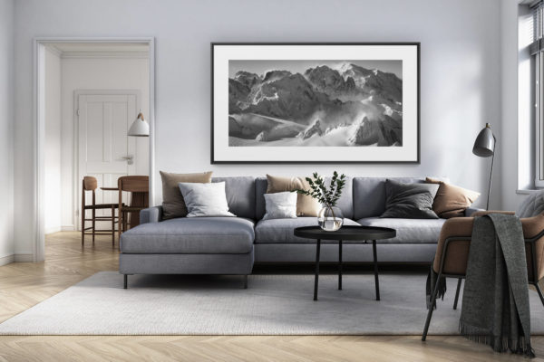 décoration intérieur salon rénové suisse - photo alpes panoramique grand format - photo panorama massif mont blanc noir et blanc