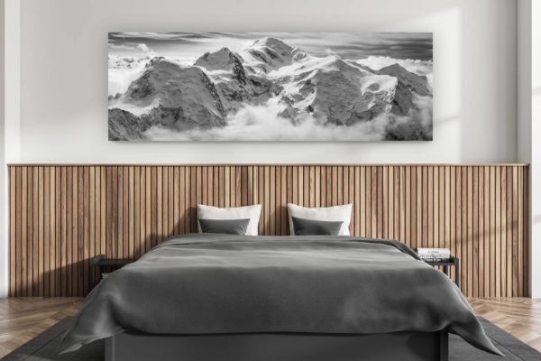 modern adult bedroom wall decoration - swiss chalet interior - large size mountain photo swiss alps -
