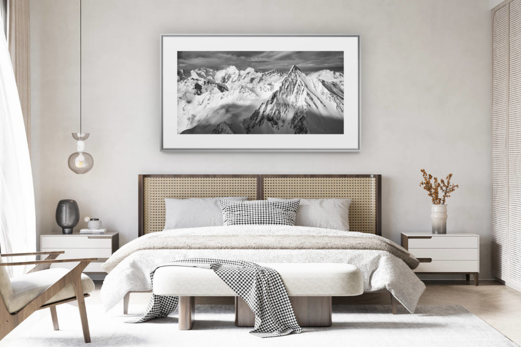 déco chambre chalet suisse rénové - photo panoramique montagne grand format - Engadine photo - Image noir et blanc Alpes - Piz Languard - massif Bernina