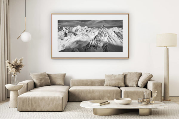 décoration salon clair rénové - photo montagne grand format - Engadine photo - Image noir et blanc Alpes - Piz Languard - massif Bernina