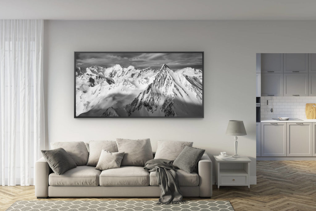 déco salon rénové - tendance photo montagne grand format - Engadine photo - Image noir et blanc Alpes - Piz Languard - massif Bernina