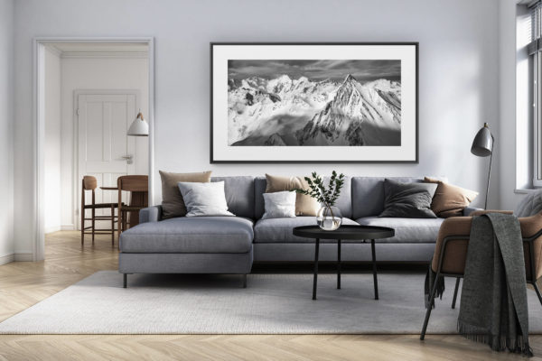 décoration intérieur salon rénové suisse - photo alpes panoramique grand format - Engadine photo - Image noir et blanc Alpes - Piz Languard - massif Bernina