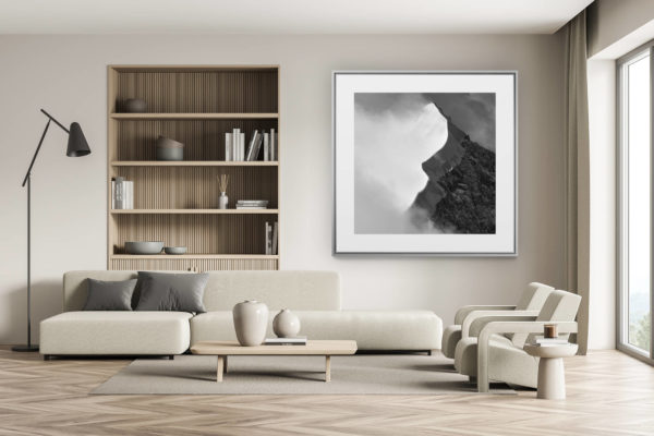 swiss chalet decoration - swiss chalet interior - large mountain picture - black and white mountain picture - swiss mountain picture - snowy mountain - Engadine valley picture