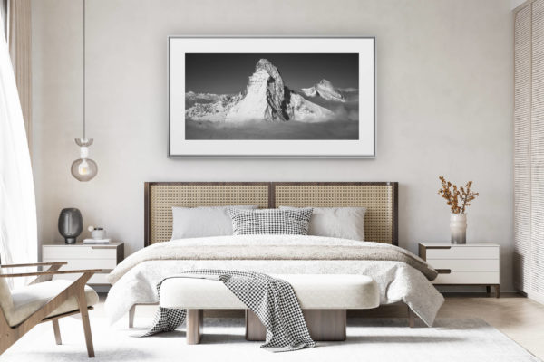 decorating a room in a renovated Swiss chalet - large panoramic mountain photo -