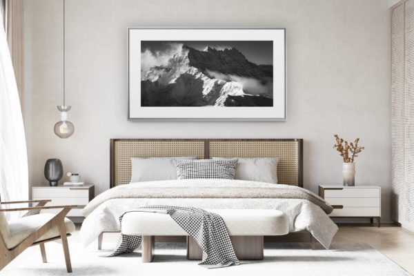 decorating a room in a renovated Swiss chalet - panoramic mountain photo - Dents du Midi in black and white - snowy mountain image under the sun