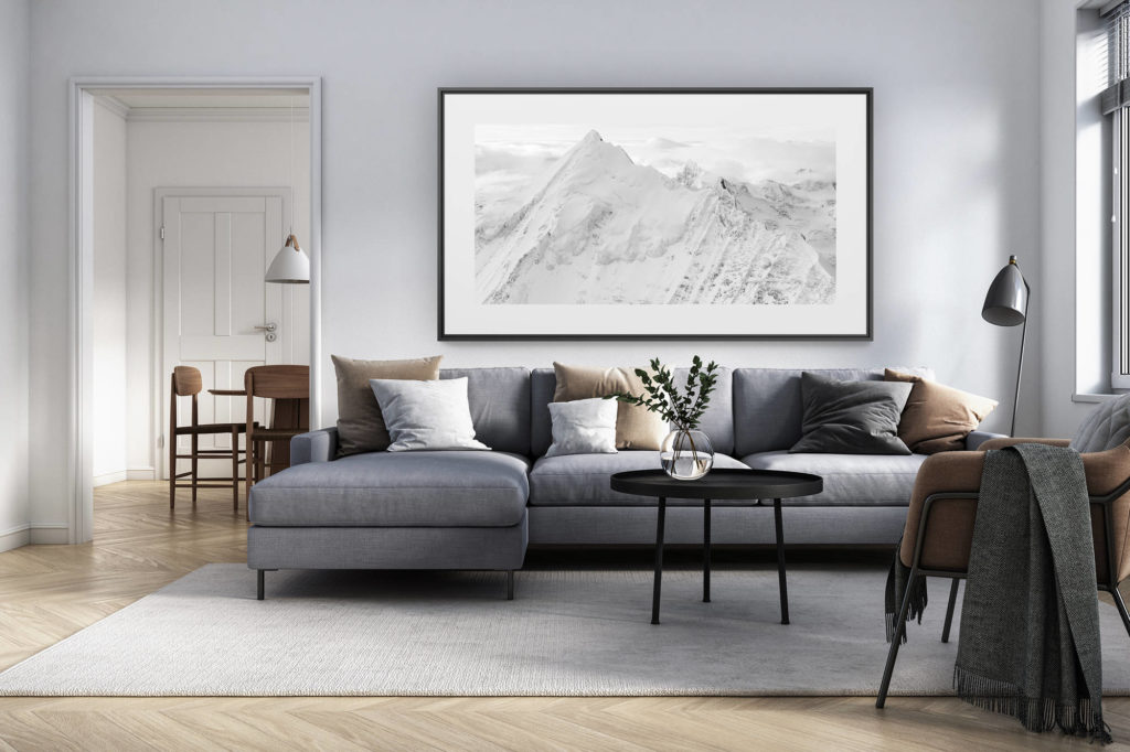 Innendekoration renoviertes Wohnzimmer Schweiz - Alpenpanorama Großformat - Bergpanorama Weisshorn - Panoramalandschaft Alpenmassiv-.