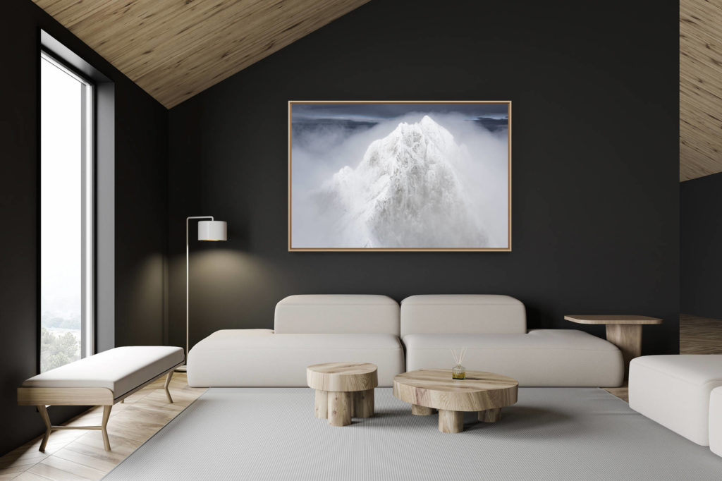 décoration chalet suisse - intérieur chalet suisse - photo montagne grand format - photo montagne suisse hiver - mer de nuages dans un voile de brume