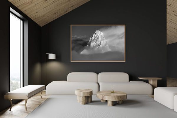 décoration chalet suisse - intérieur chalet suisse - photo montagne grand format - photo montagne noir et blanc chamonix - Aiguille du Chardonnet noir et blanc dans les nuages et le brouillard