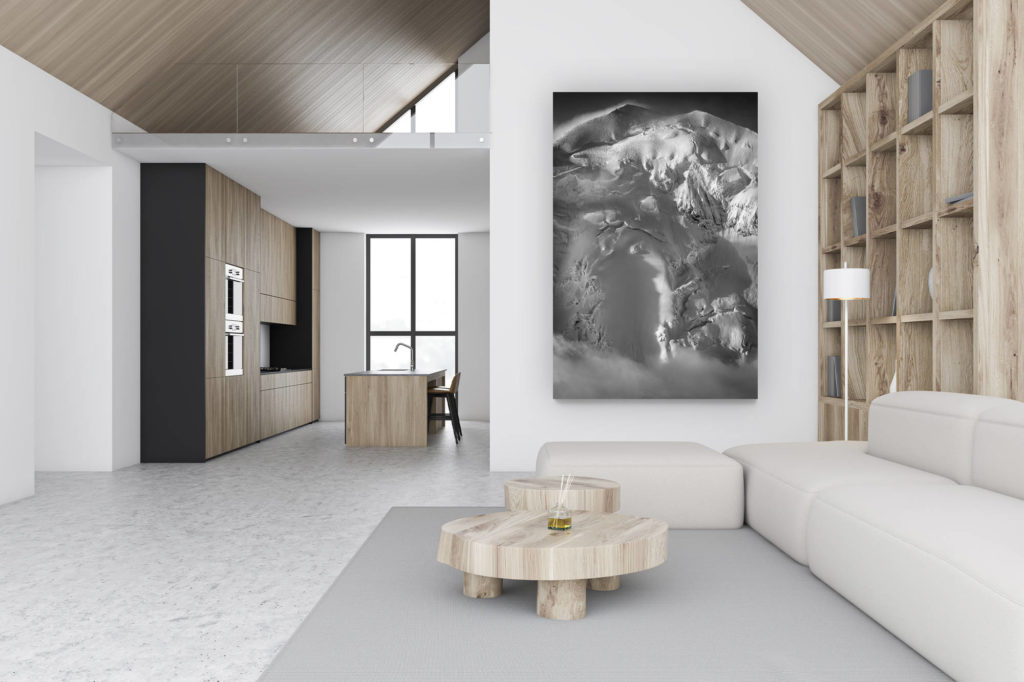 décoration chalet luxueux suisse - photo montagne grand format verticale - décoration murale design - face nord balmhorn alpes bernoises - Image noir et blanc des glaciers de montagne de Balmhorn  depuis Kandersteg et Frutigen