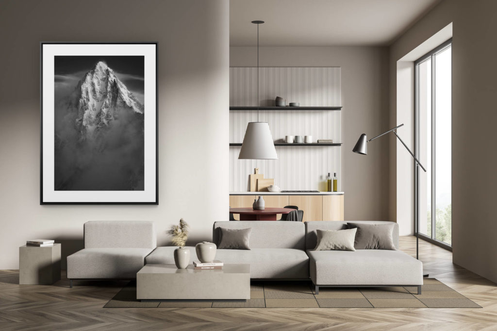 déco tendance salon moderne - photo montagne noir et blanc grand format - photo bietschhorn vertical - skié par Paul Bonhomme et Vivian Bruchez et Gilles Sierro