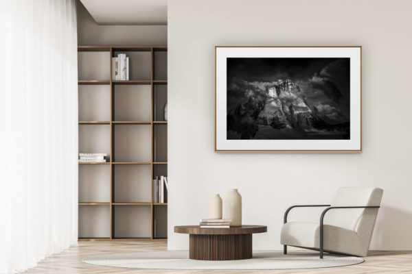 déco tendance salon moderne - photo montagne noir et blanc grand format - Val d'Anniviers - photo montagne Alpes Suisses Dent-Blanche