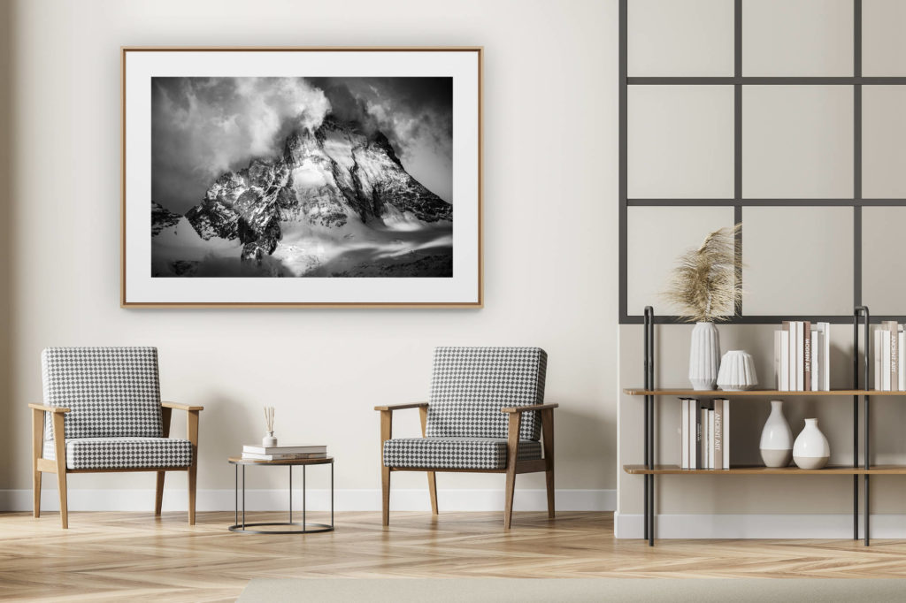 décoration intérieur moderne avec photo de montagne noir et blanc grand format - Val d'Anniviers - photo montagne Dent blanche Valais Alpes -
