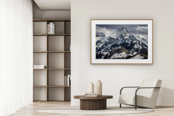 déco tendance salon moderne - photo montagne noir et blanc grand format - Val d'Anniviers - photos des montagnes Dent Blanche