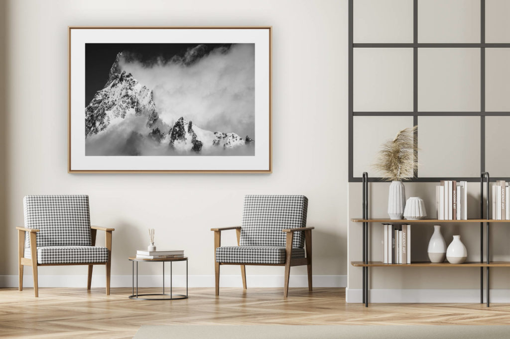 décoration intérieur moderne avec photo de montagne noir et blanc grand format - Photo Mont-Blanc -Photo Alpes dent du Géant Vue de la Pointe Helbronner