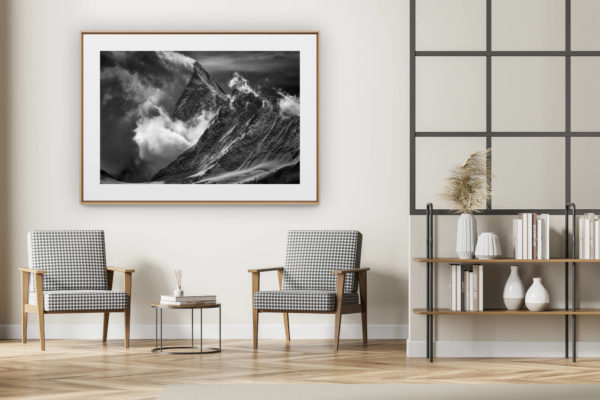 décoration intérieur moderne avec photo de montagne noir et blanc grand format - Alpes Bernoises - Photo de paysage de montagne - Finsteraarhorn vue de Grindelwald