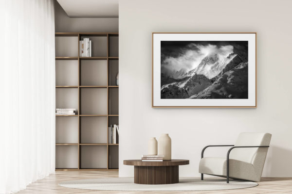 déco tendance salon moderne - photo montagne noir et blanc grand format - photo montagnes grimentz - fine art photographie