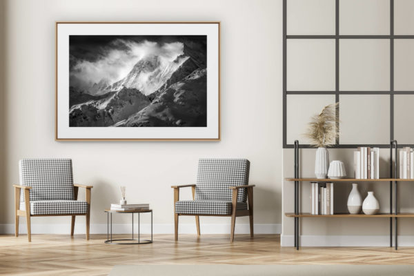 décoration intérieur moderne avec photo de montagne noir et blanc grand format - photo montagnes grimentz - fine art photographie