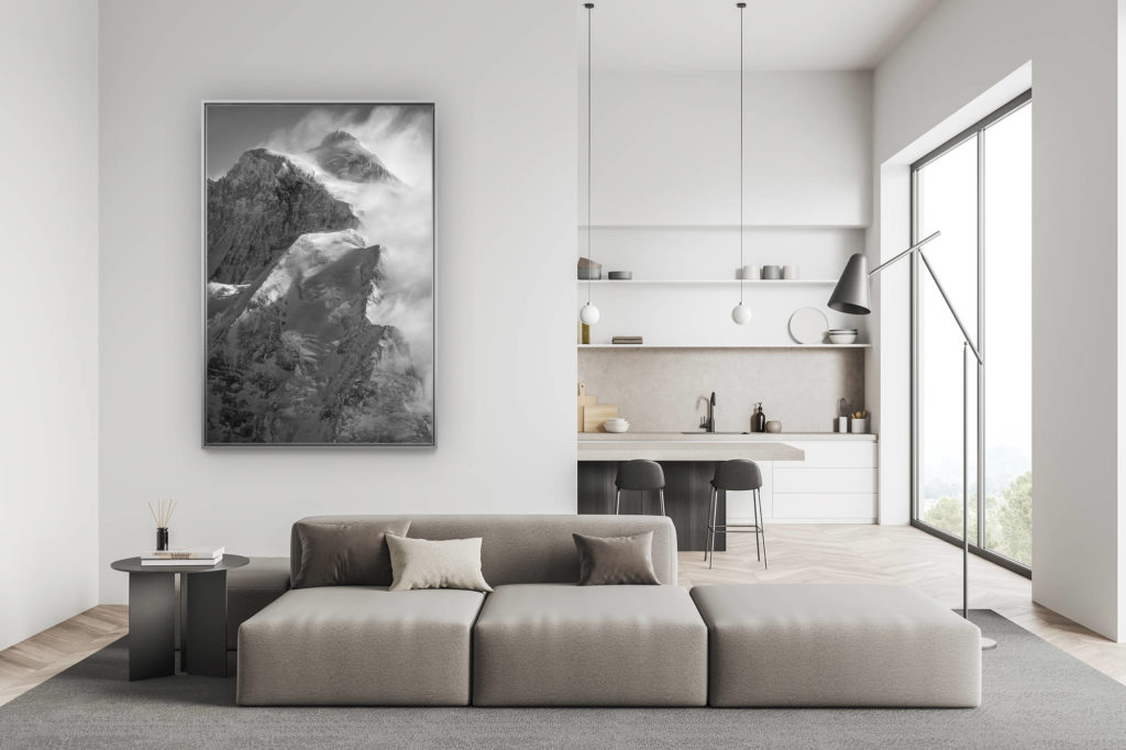 décoration salon suisse moderne - déco montagne photo grand format - photo Jungfrau - montagne suisse - photo noir et blanc