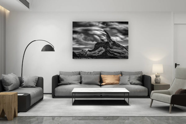 décoration salon contemporain suisse - cadeau amoureux de montagne suisse - Mont Cervin Matterhorn photo en noir et blanc vu de Sunegga