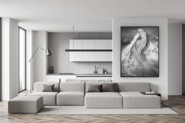décoration murale salon suisse - photo montagne noir et blanc - déco salle à manger tendance - photo portrait du cervin face nord noir et blanc avec de la neige