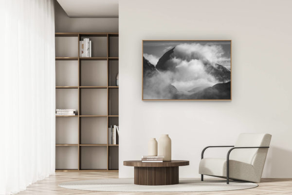 décoration appartement moderne - art déco design - Monch - Encadrement photo en ligne d'un glacier des alpes Bernoises dans le brouillard et une mer de nuages