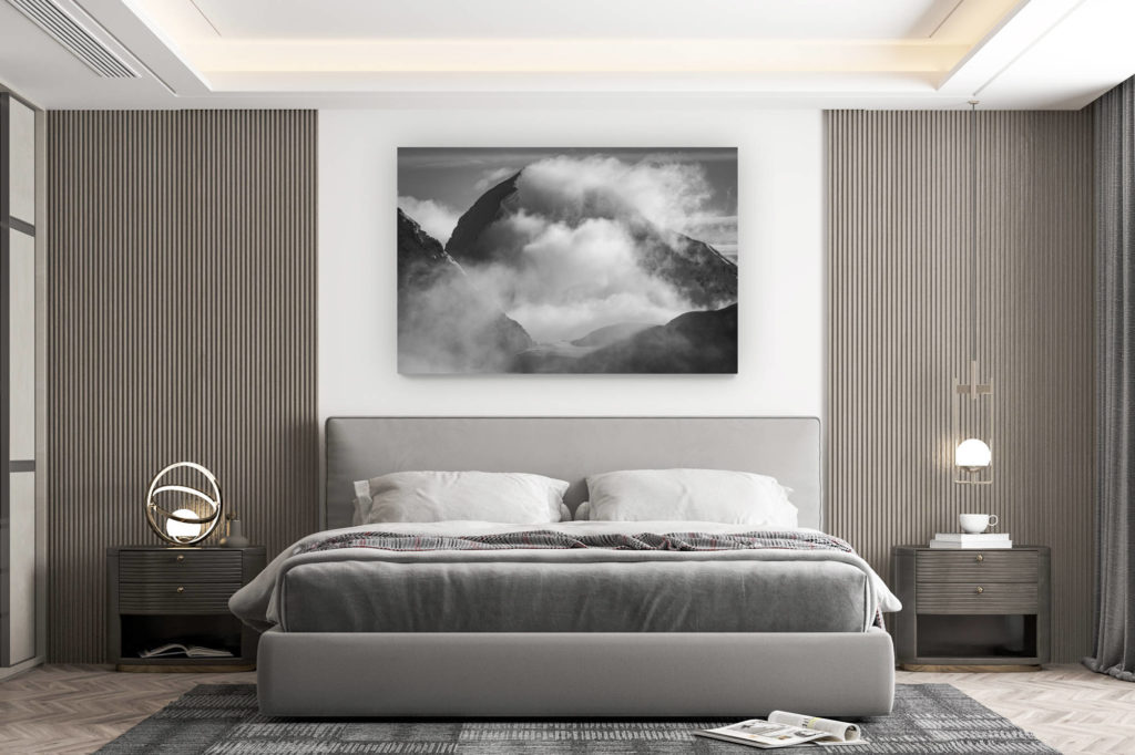 décoration murale chambre design - achat photo de montagne grand format - Monch - Encadrement photo en ligne d'un glacier des alpes Bernoises dans le brouillard et une mer de nuages