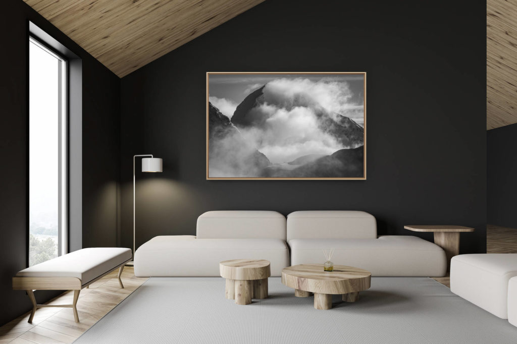 dekoration schweizer chalet - innenausstattung schweizer chalet - großformatiges bergfoto - Monch - Online-Fotorahmen von einem Gletscher in den Berner Alpen in Nebel und Wolkenmeer