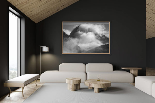 décoration chalet suisse - intérieur chalet suisse - photo montagne grand format - Monch - Encadrement photo en ligne d'un glacier des alpes Bernoises dans le brouillard et une mer de nuages