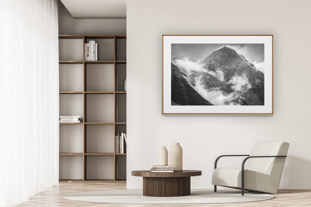 déco tendance salon moderne - photo montagne noir et blanc grand format - photo montagne grindelwald - monch