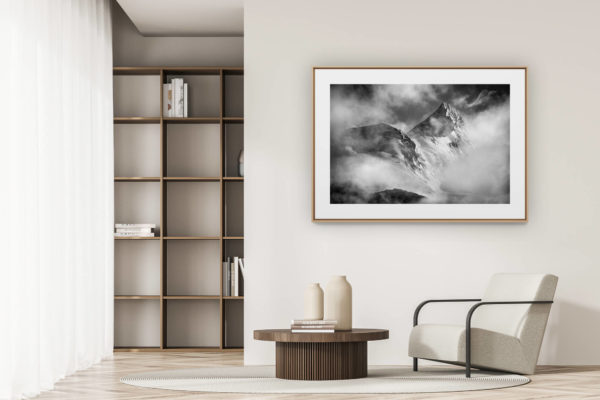 déco tendance salon moderne - photo montagne noir et blanc grand format - Weisshorn - montagne photo Crans Montana- Val d'Anniviers Crans Montana