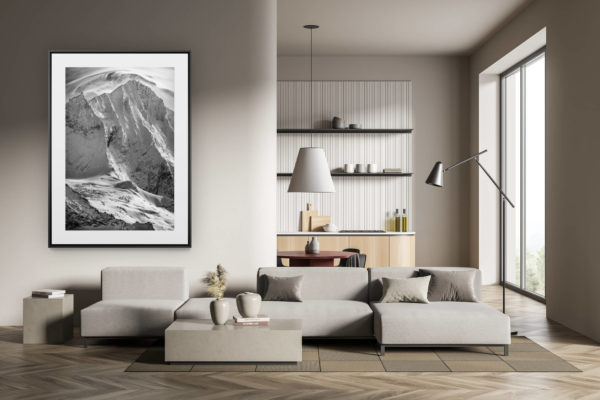 déco tendance salon moderne - photo montagne noir et blanc grand format - Image noir et blanc du sommet de montagne rocheuse du Weisshorn  depuis Grimentz dans les Alpes Valaisannes