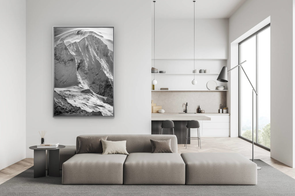 décoration salon suisse moderne - déco montagne photo grand format - Image noir et blanc du sommet de montagne rocheuse du Weisshorn  depuis Grimentz dans les Alpes Valaisannes