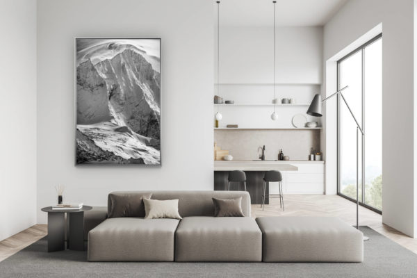 modern swiss living room decoration - mountain decoration large size picture - Black and white picture of the summit rocky mountain of the Weisshorn from Grimentz in the Valais Alps